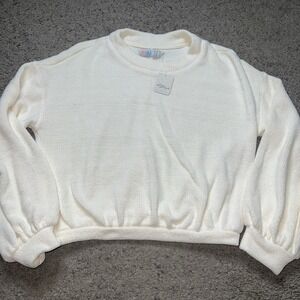 Free People Beach Cropped Sweater Balloon Sleeve Chenille Ribbed Cream Size XS